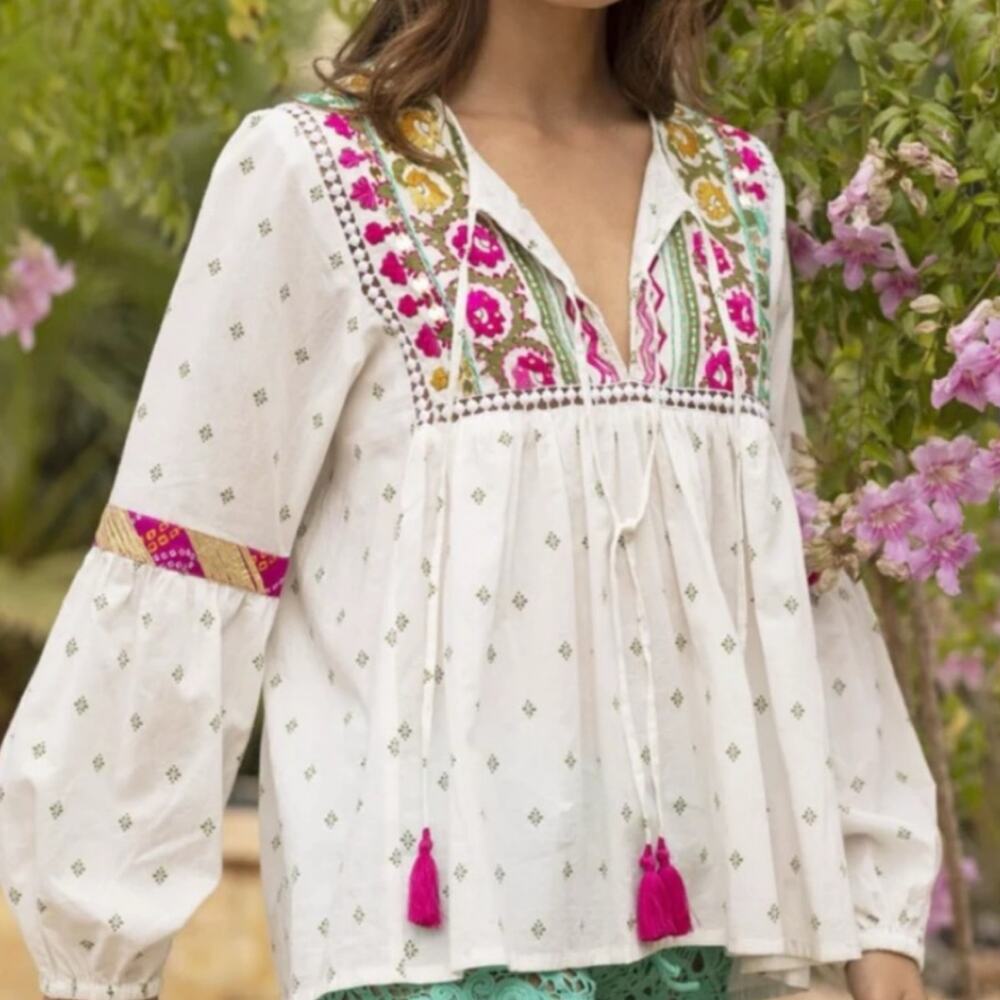 Miss June Paris Brando White Cotton Embroidered Peasant Top Tassel Ties OS $275